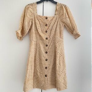 Beige Embroidered Square Neck Button-down Dress